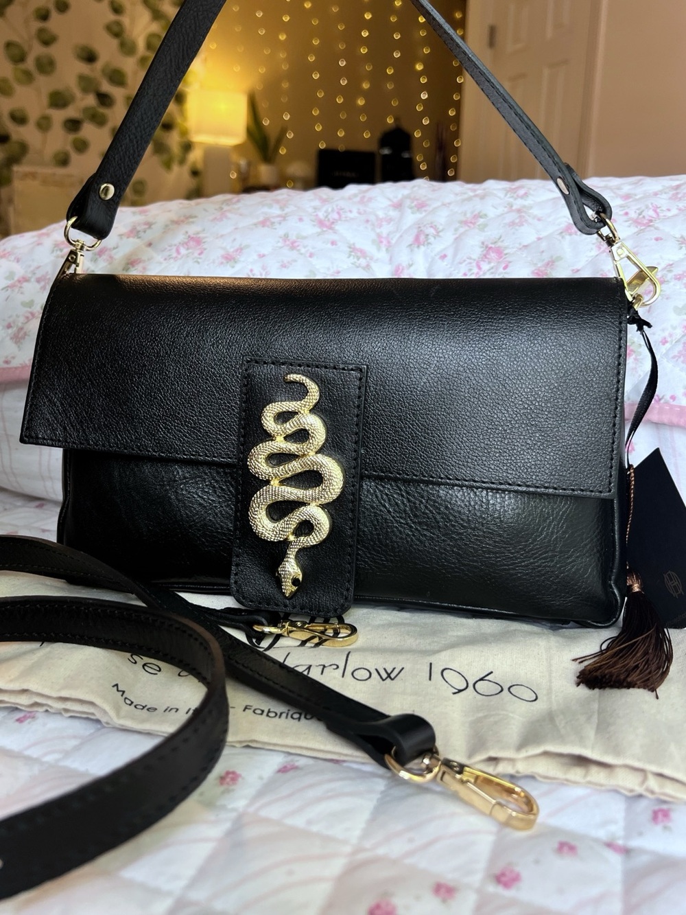 NWT House of Harlow 1960 Black Leather Gold Snake Shoulder Crossbody Bag Purse